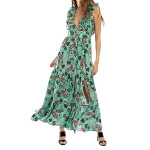 K1. Glamorous UK Green Leopard Maxi Dress Cotton Ruffle V Neck